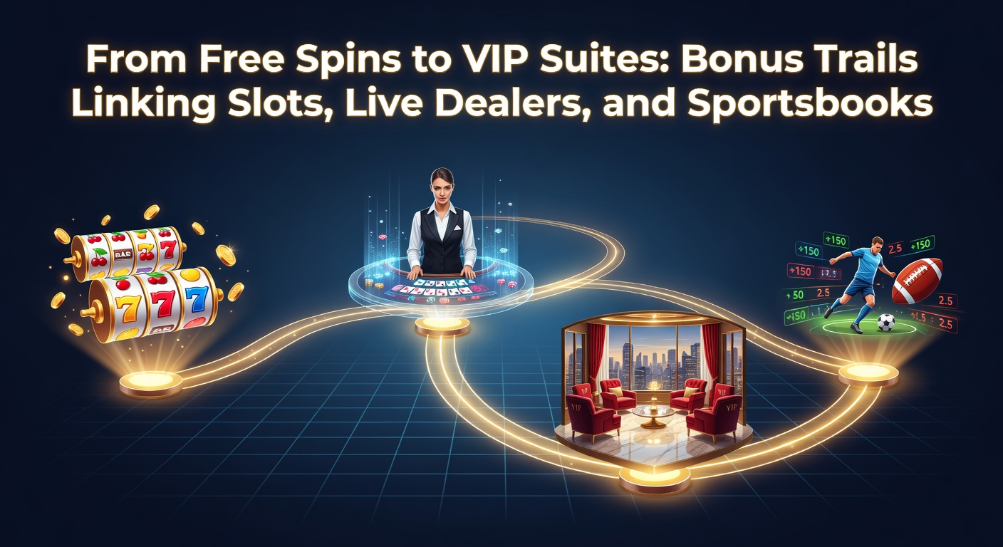 Illustration eines Bonuspfads, der von Free Spins bei Slots über Live-Dealer-Tische bis hin zu Sportwetten und VIP-Suiten führt