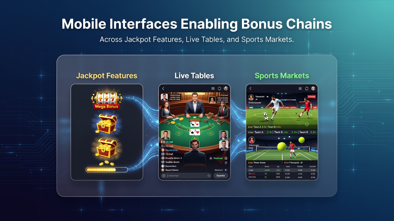 Mobile Schnittstellen zeigen verknüpfte Bonusstrukturen über Jackpot-Features, Live-Tische und Sportwetten hinweg