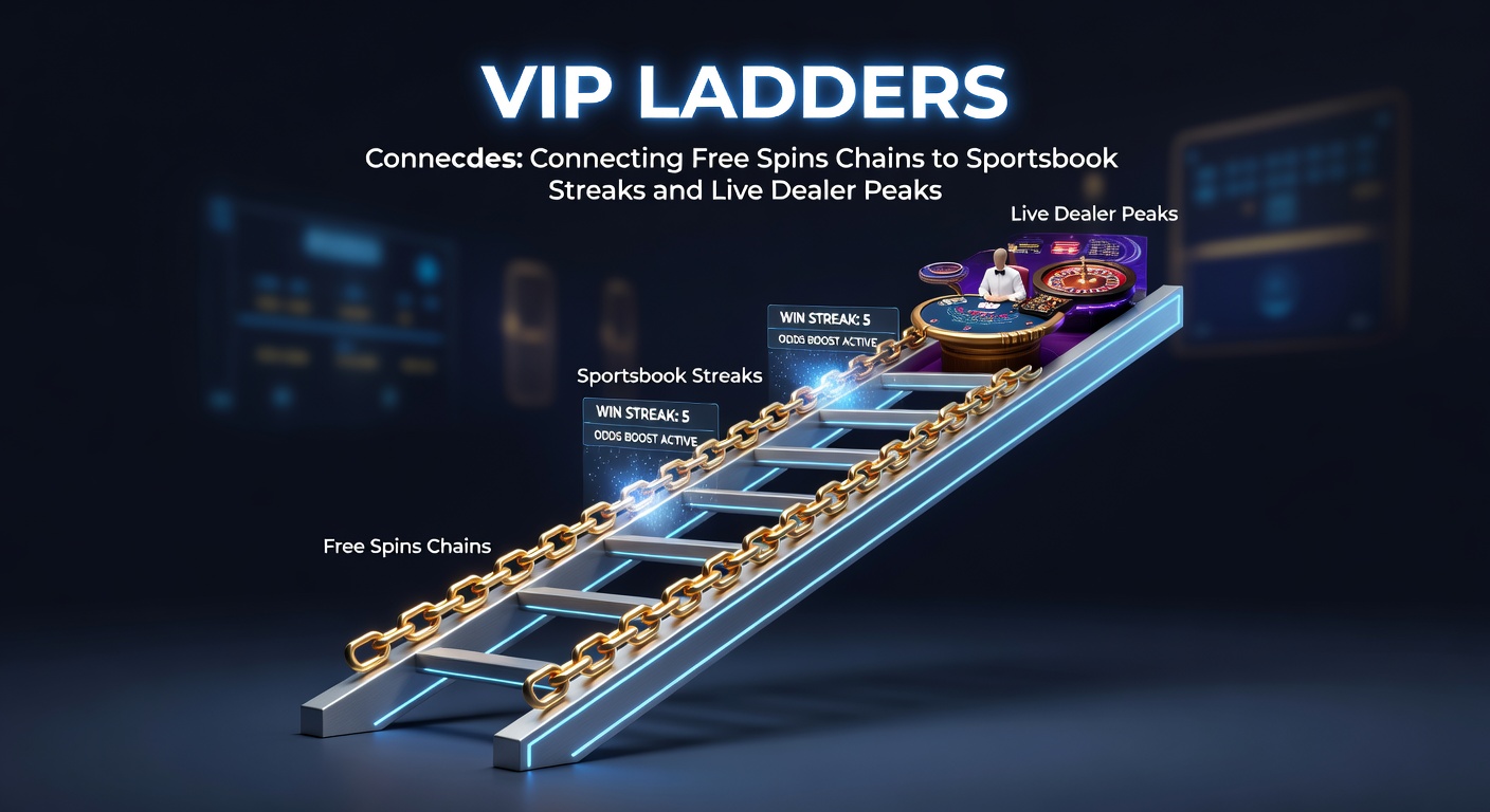 Grafik einer steigenden VIP-Leiter mit Symbolen für Slots, Sportwetten und Live-Dealer-Spiele, die nahtlos verbunden sind